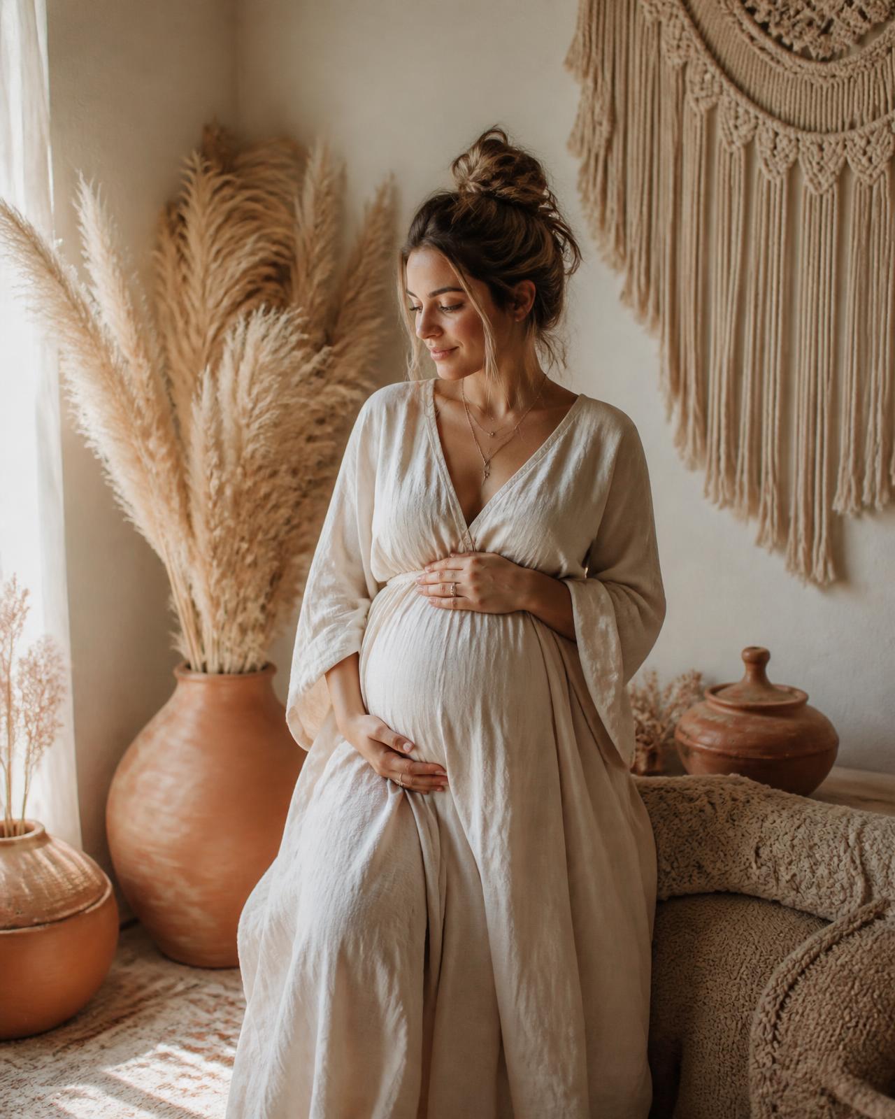 Schwangere Frau im Boho-Stil hält sanft ihren Babybauch